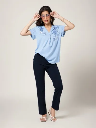 Powder Blue V Neck Embroidered Top