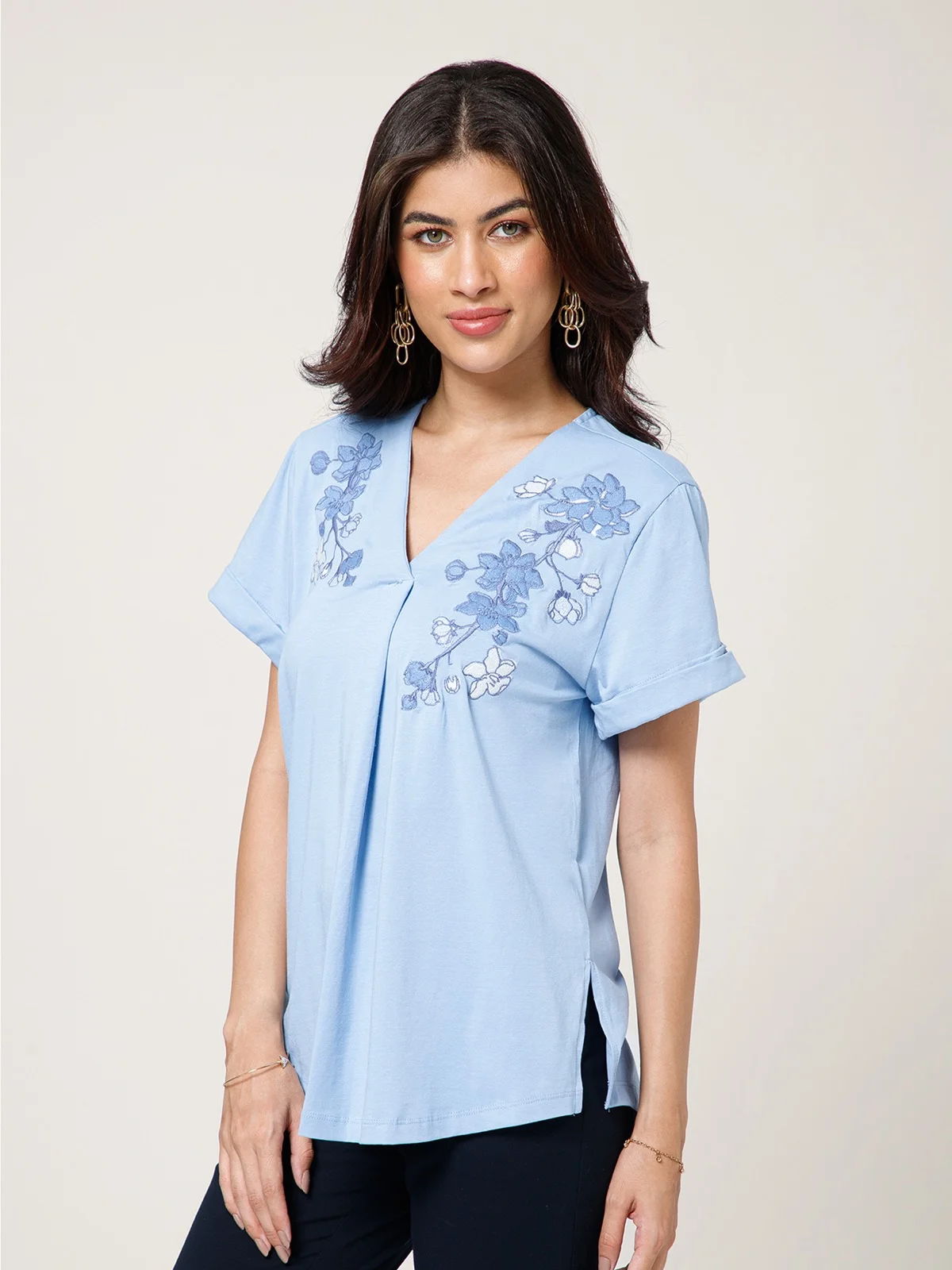Powder Blue V Neck Embroidered Top view 2