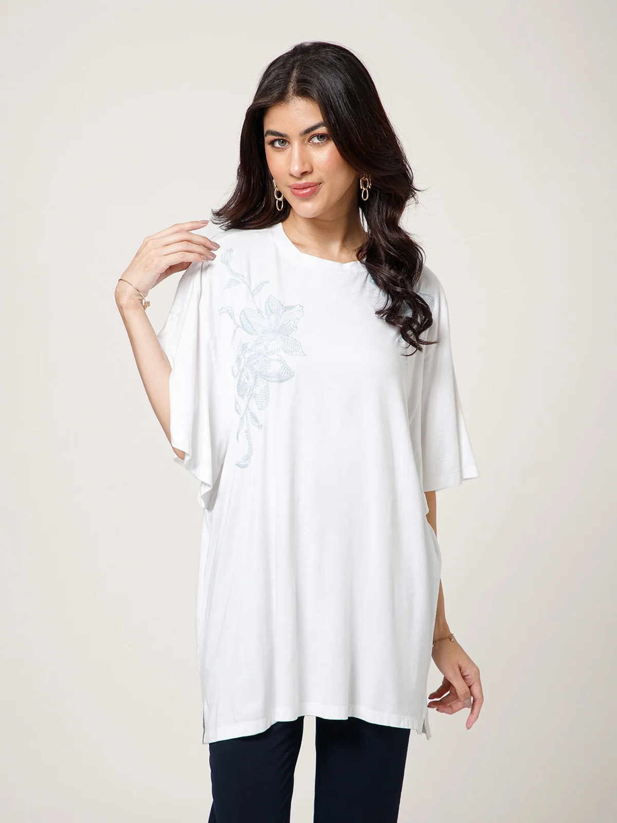 White Floral Embroidered Oversized Top view 3