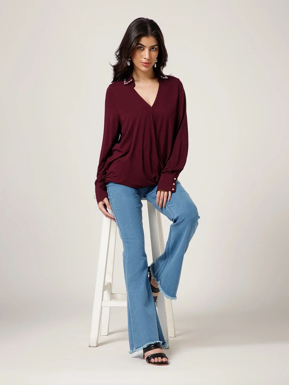 Maroon Wrap Blouse With Beaded Collar Work view 2