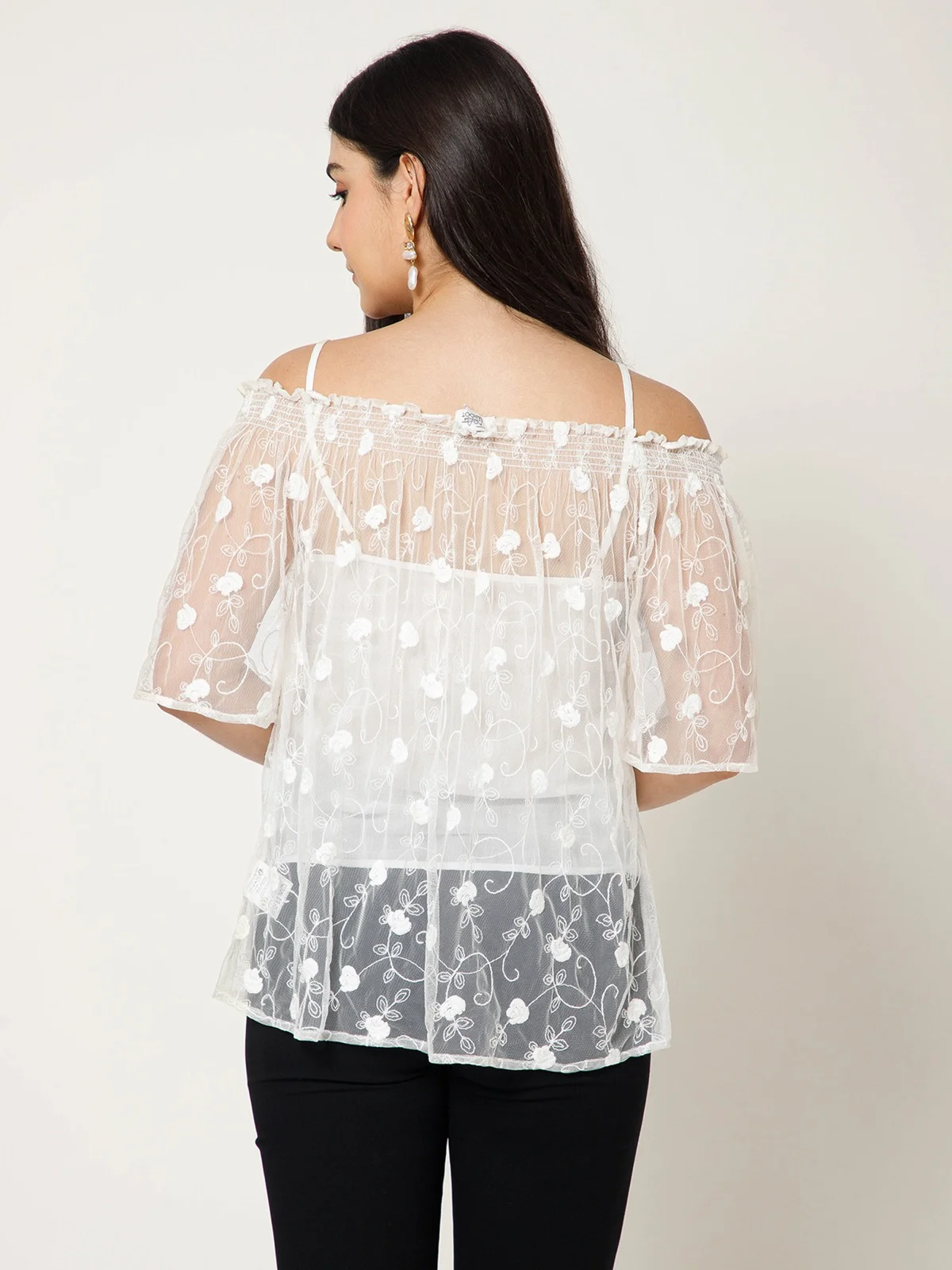 Nylon Mesh Top With Embroidery Elasticated Neckline Jpg view 2