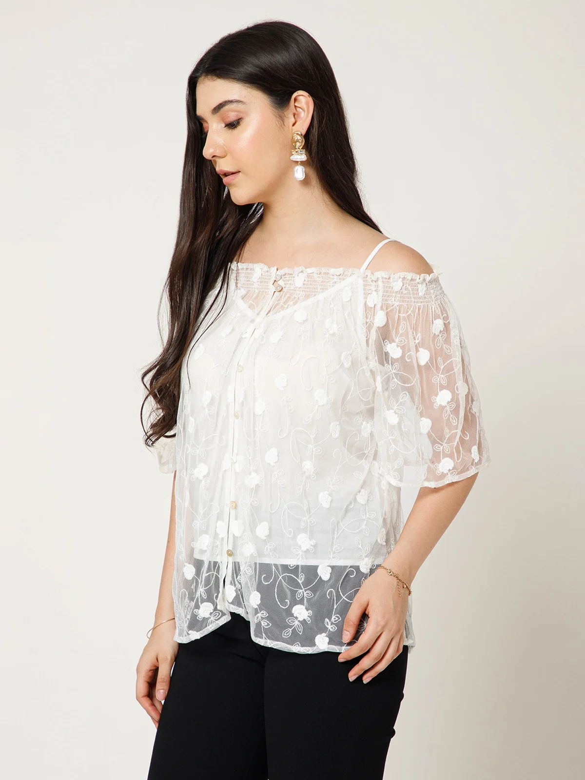 Nylon Mesh Top With Embroidery Elasticated Neckline Jpg view 3