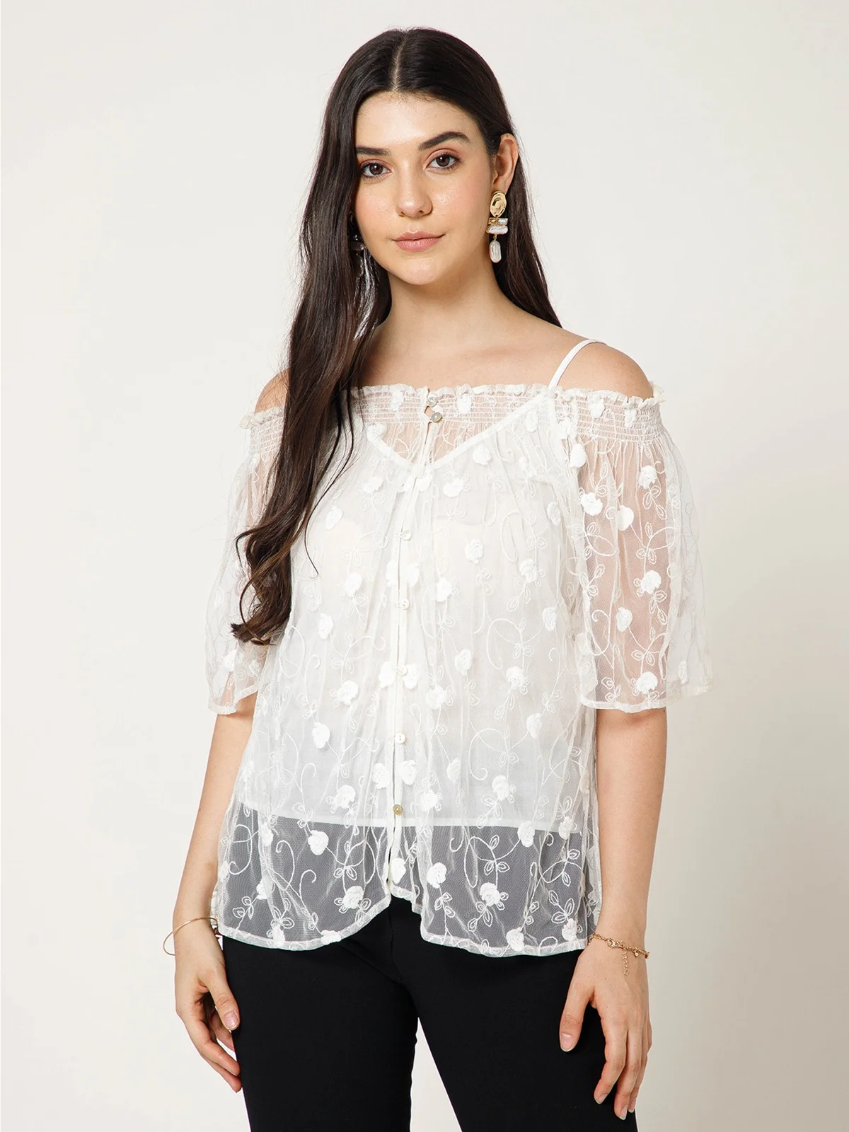 Nylon Mesh Top With Embroidery Elasticated Neckline Jpg view 4