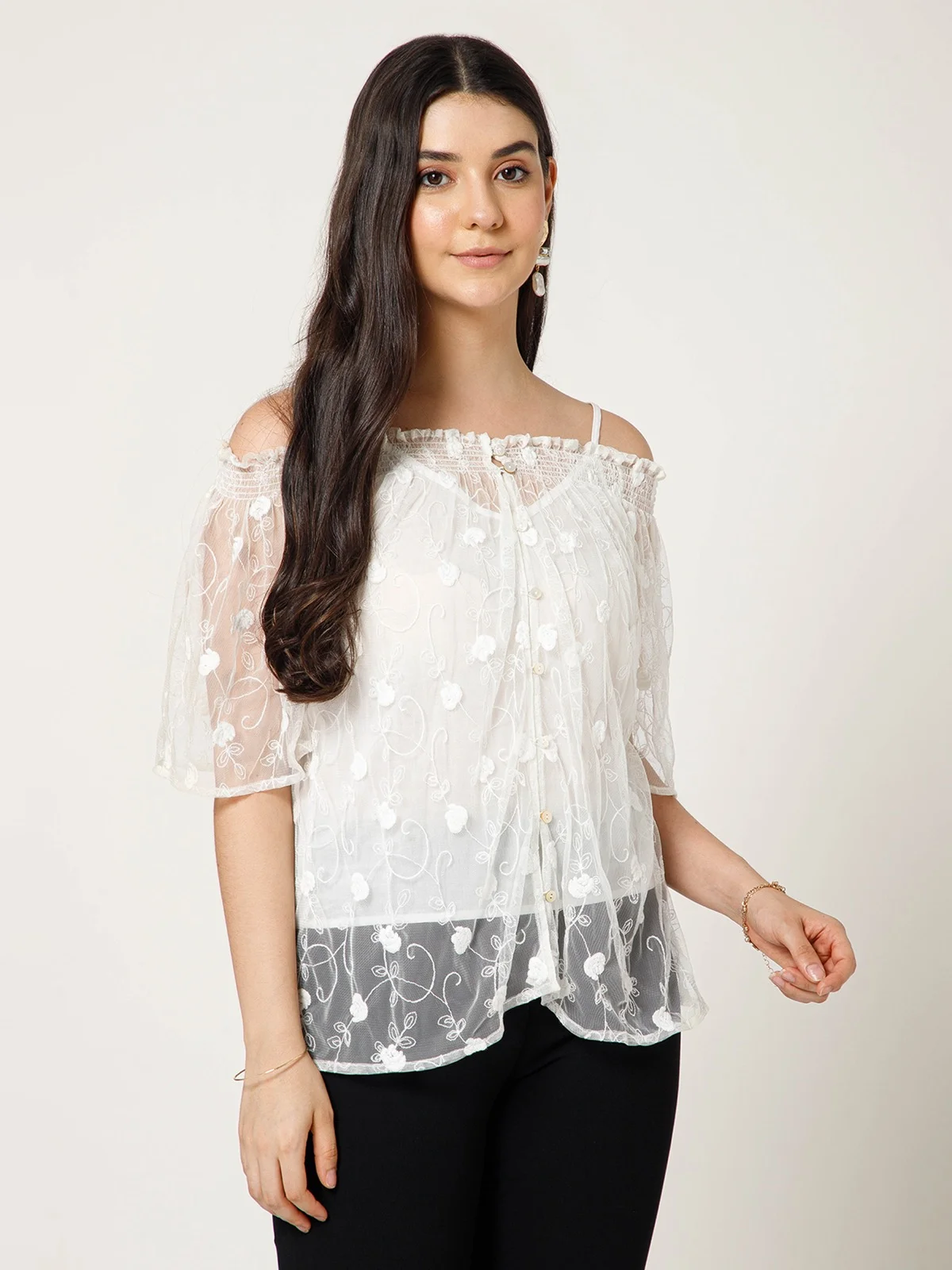 Nylon Mesh Top With Embroidery Elasticated Neckline Jpg view 5
