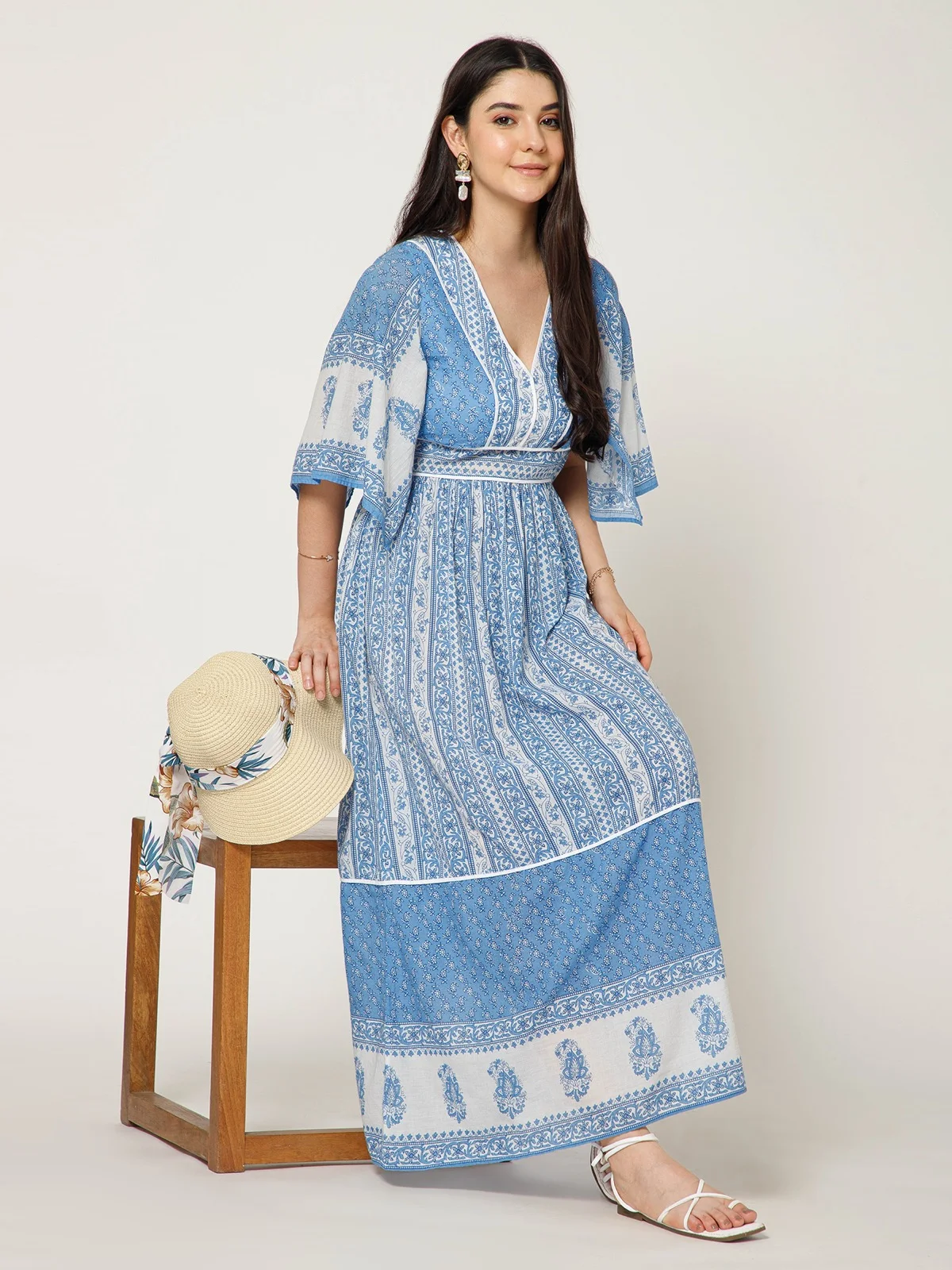 Blue Block Print Maxi Dress