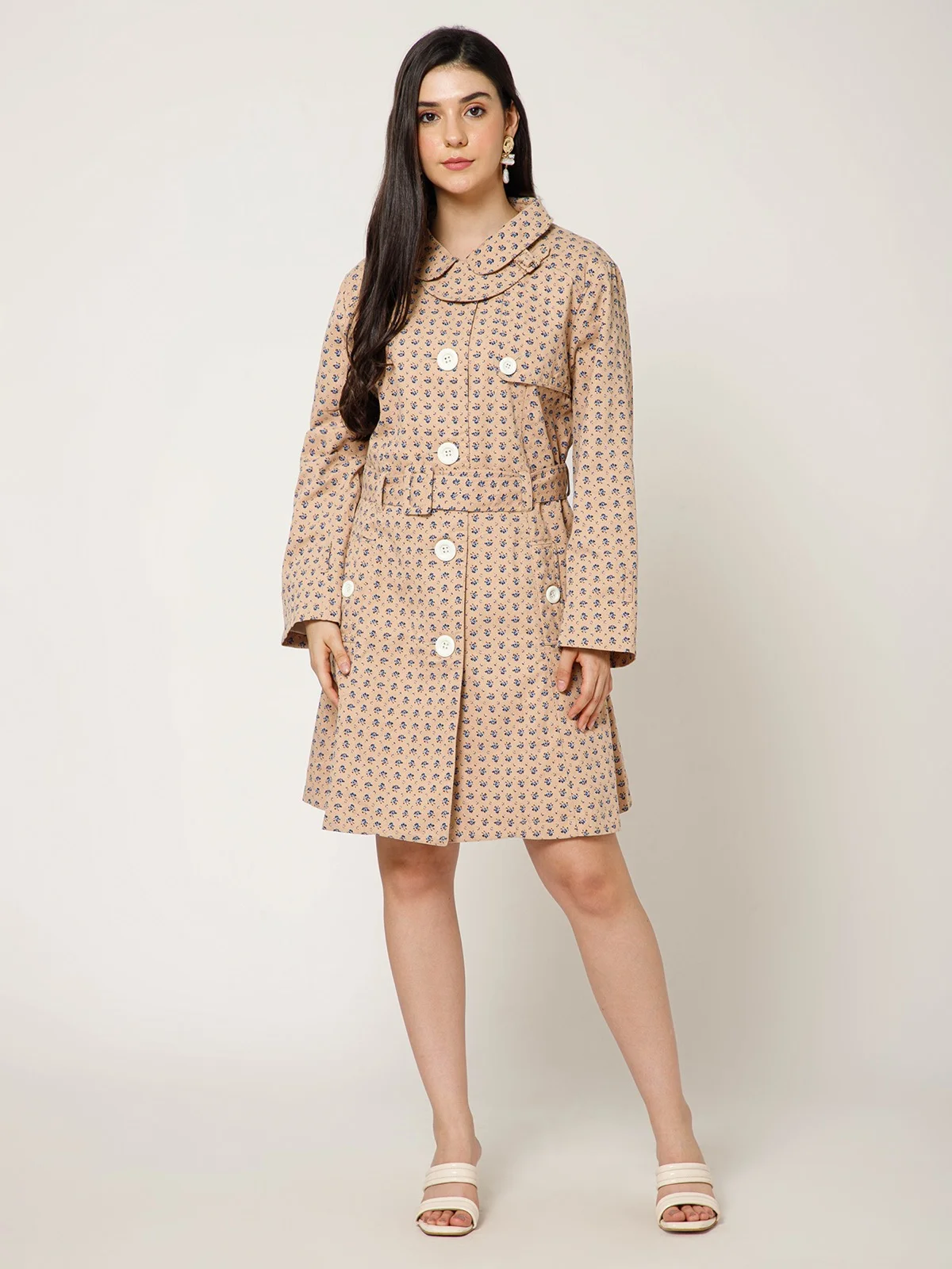 Camel Floral Print Canvas Coat view 3