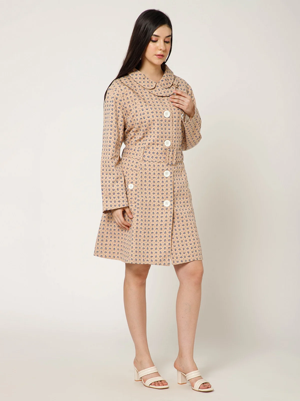 Camel Floral Print Canvas Coat view 5