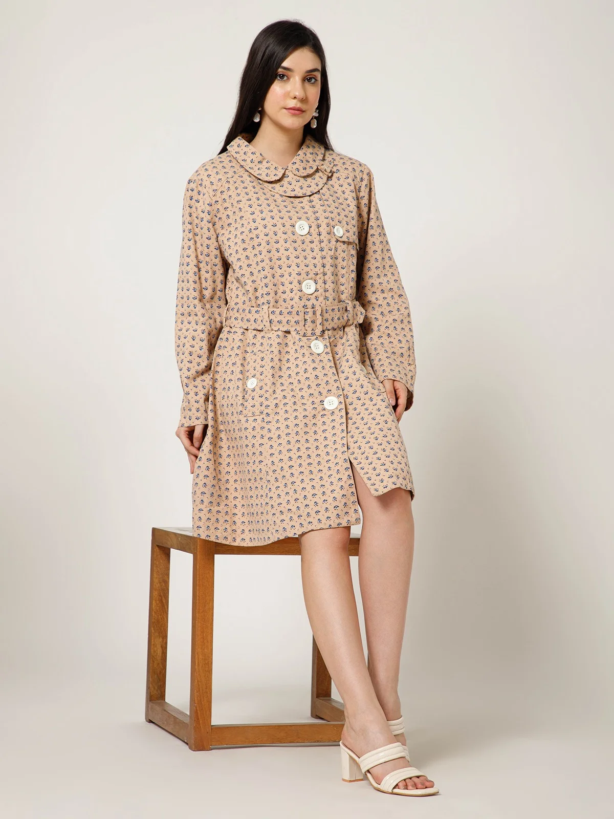 Camel Floral Print Canvas Coat view 6