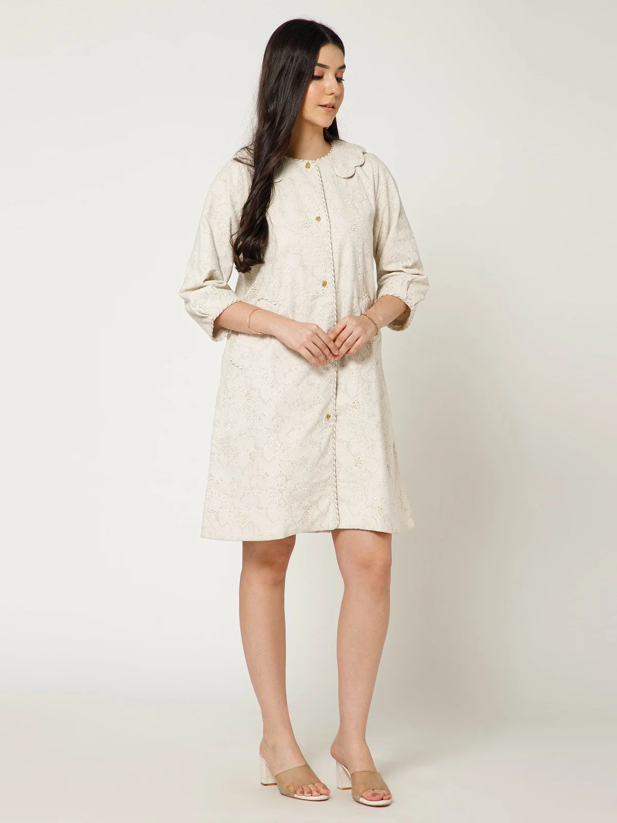 Ivory Eyelet Overcoat With Scallop Collar view 3