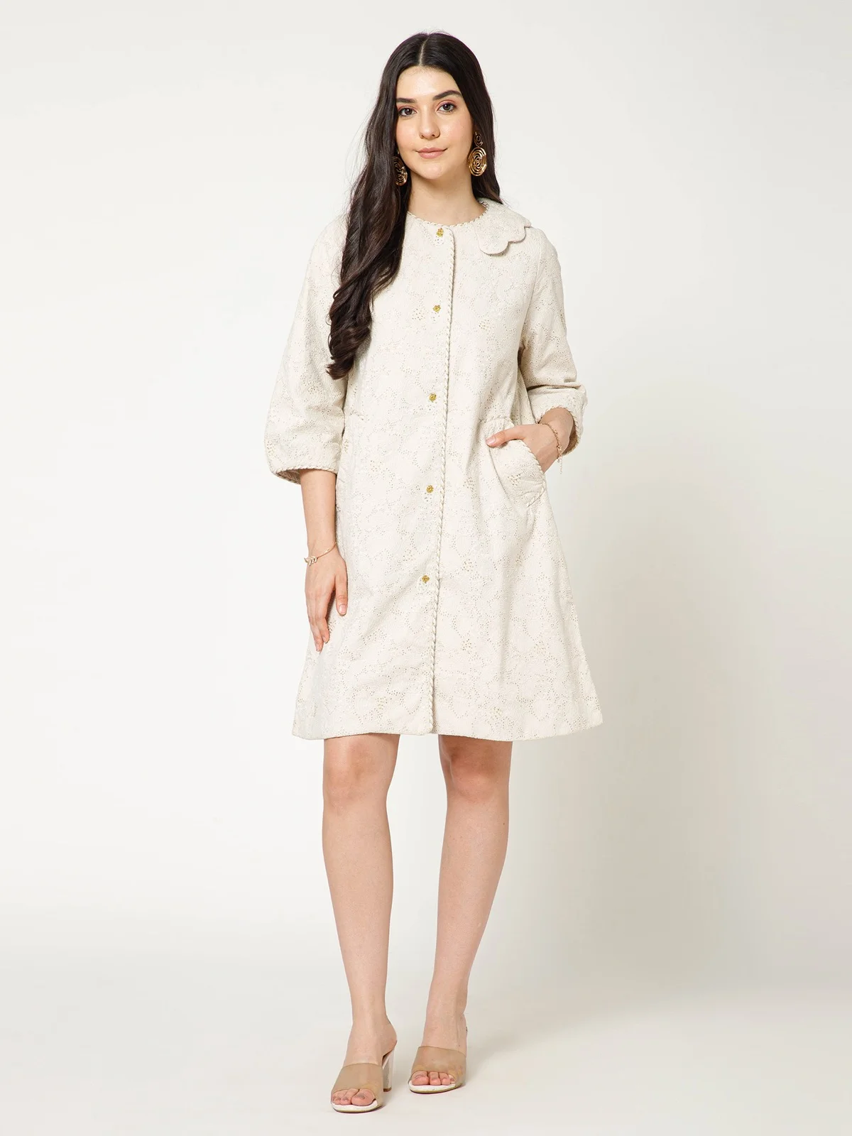 Ivory Eyelet Overcoat With Scallop Collar view 4