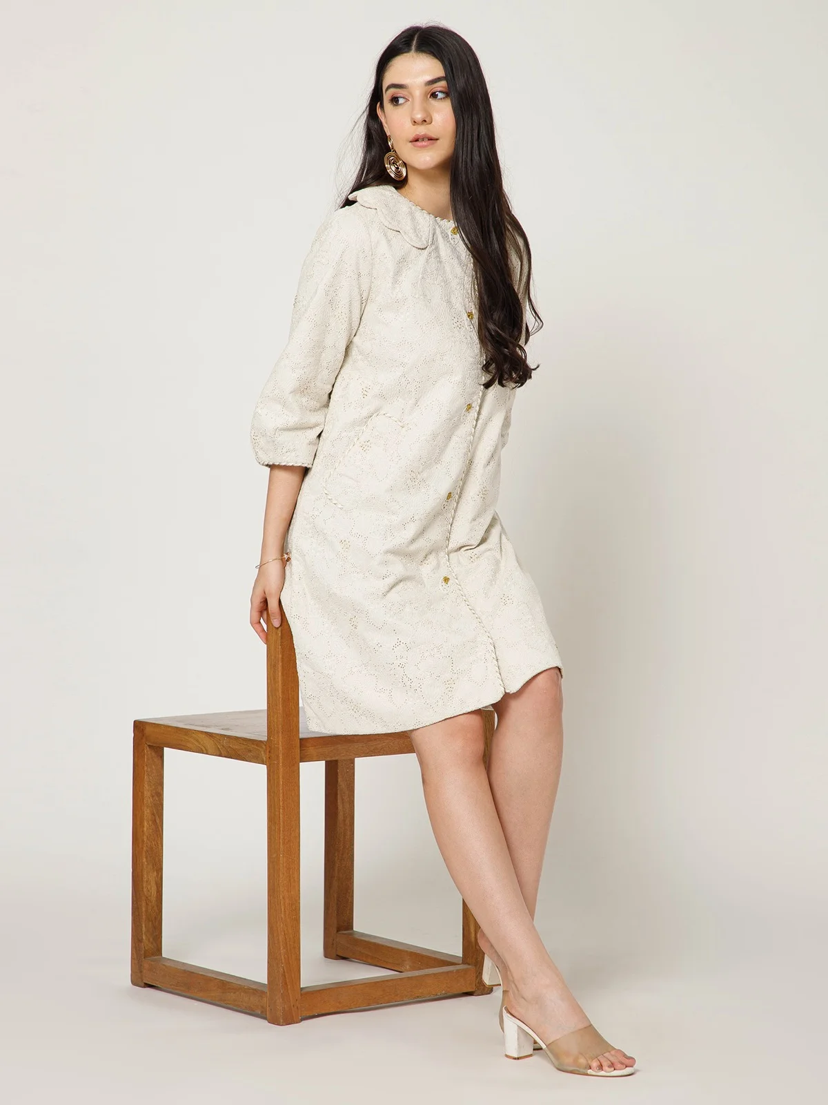 Ivory Eyelet Overcoat With Scallop Collar view 5