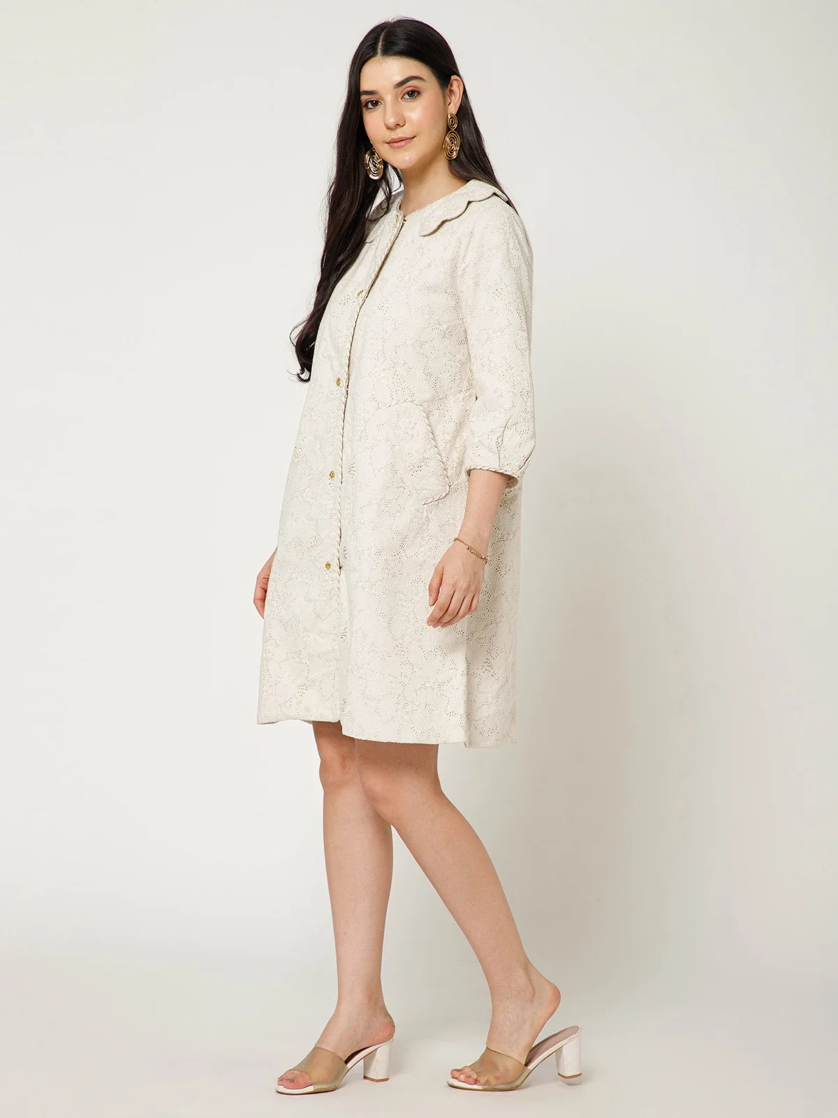 Ivory Eyelet Overcoat With Scallop Collar
