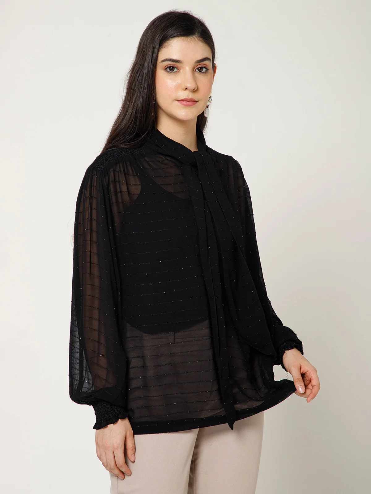 Black Sheer Tie Neck Sequins Shirt view 2