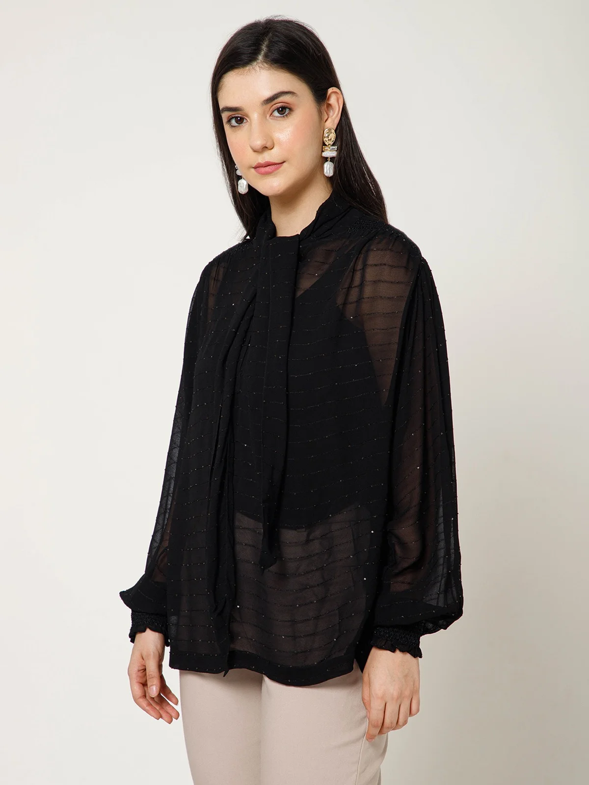 Black Sheer Tie Neck Sequins Shirt view 3