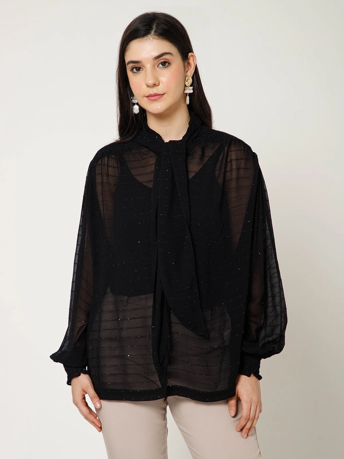 Black Sheer Tie Neck Sequins Shirt