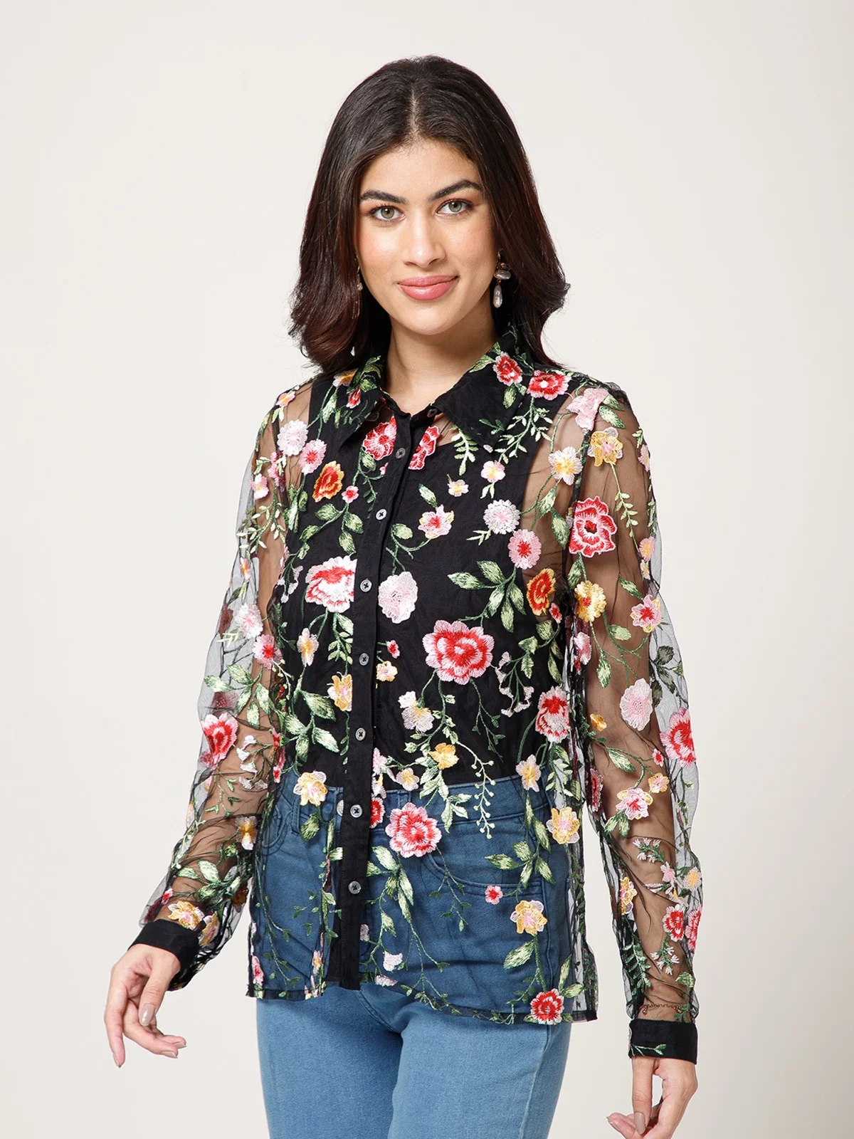 Floral Embroidered Mesh Shirt view 2