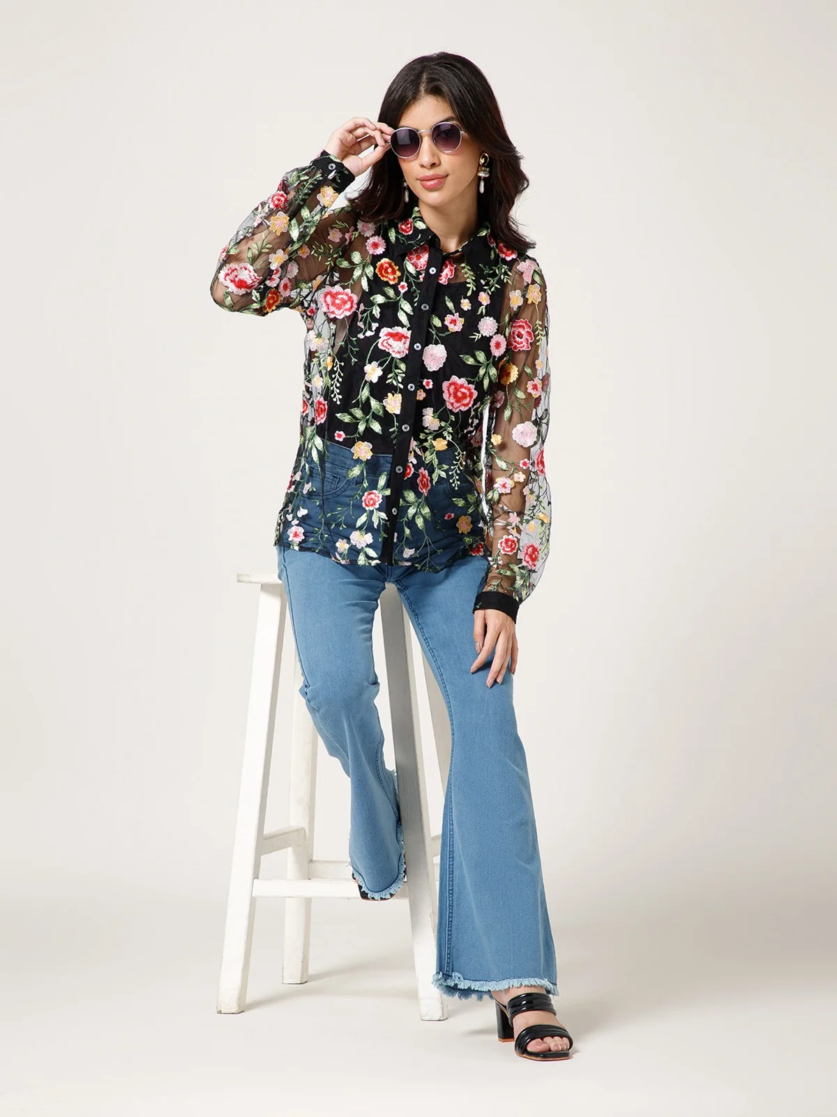 Floral Embroidered Mesh Shirt