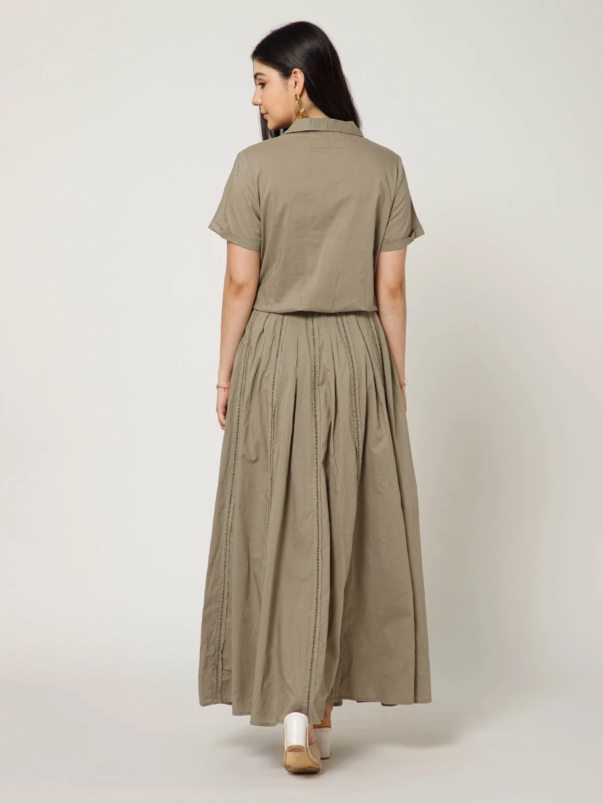 Olive Green Co Ord Set With Collared Short Sleeve Top And Voluminous Stitched Maxi Skirt view 2