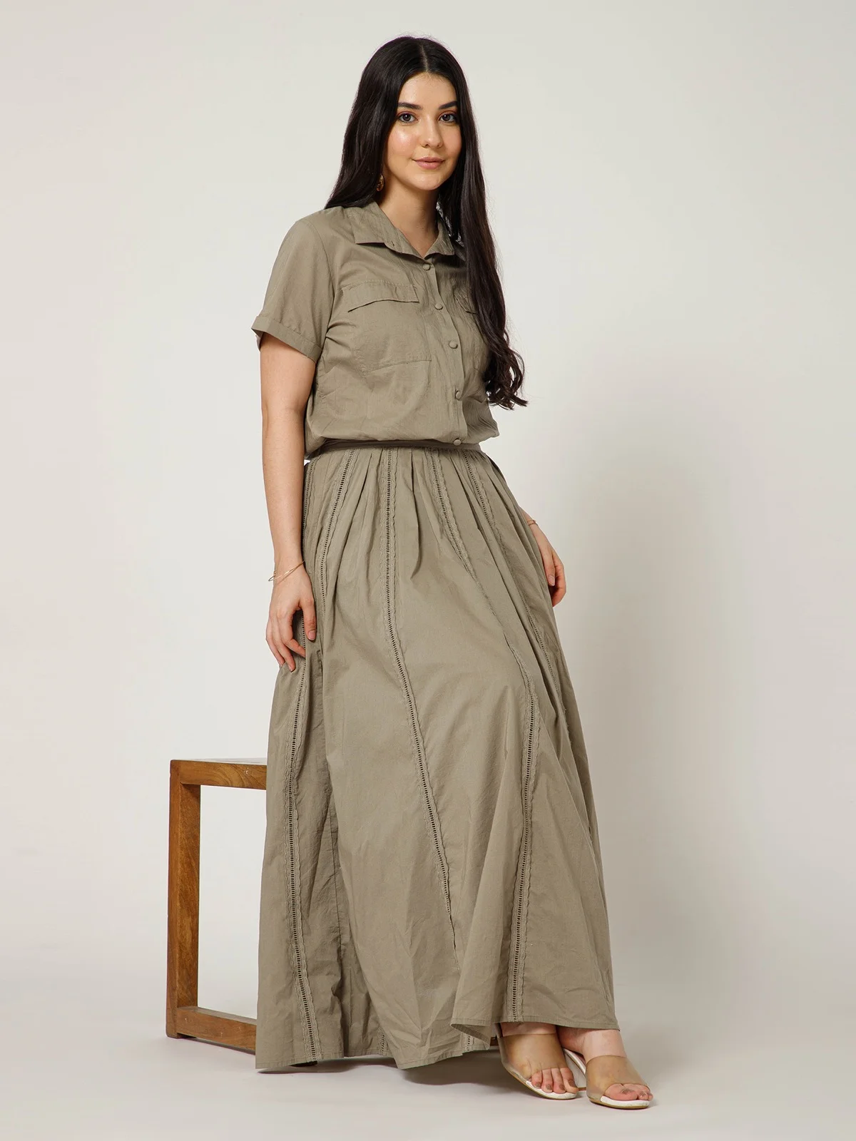 Olive Green Co Ord Set With Collared Short Sleeve Top And Voluminous Stitched Maxi Skirt view 3