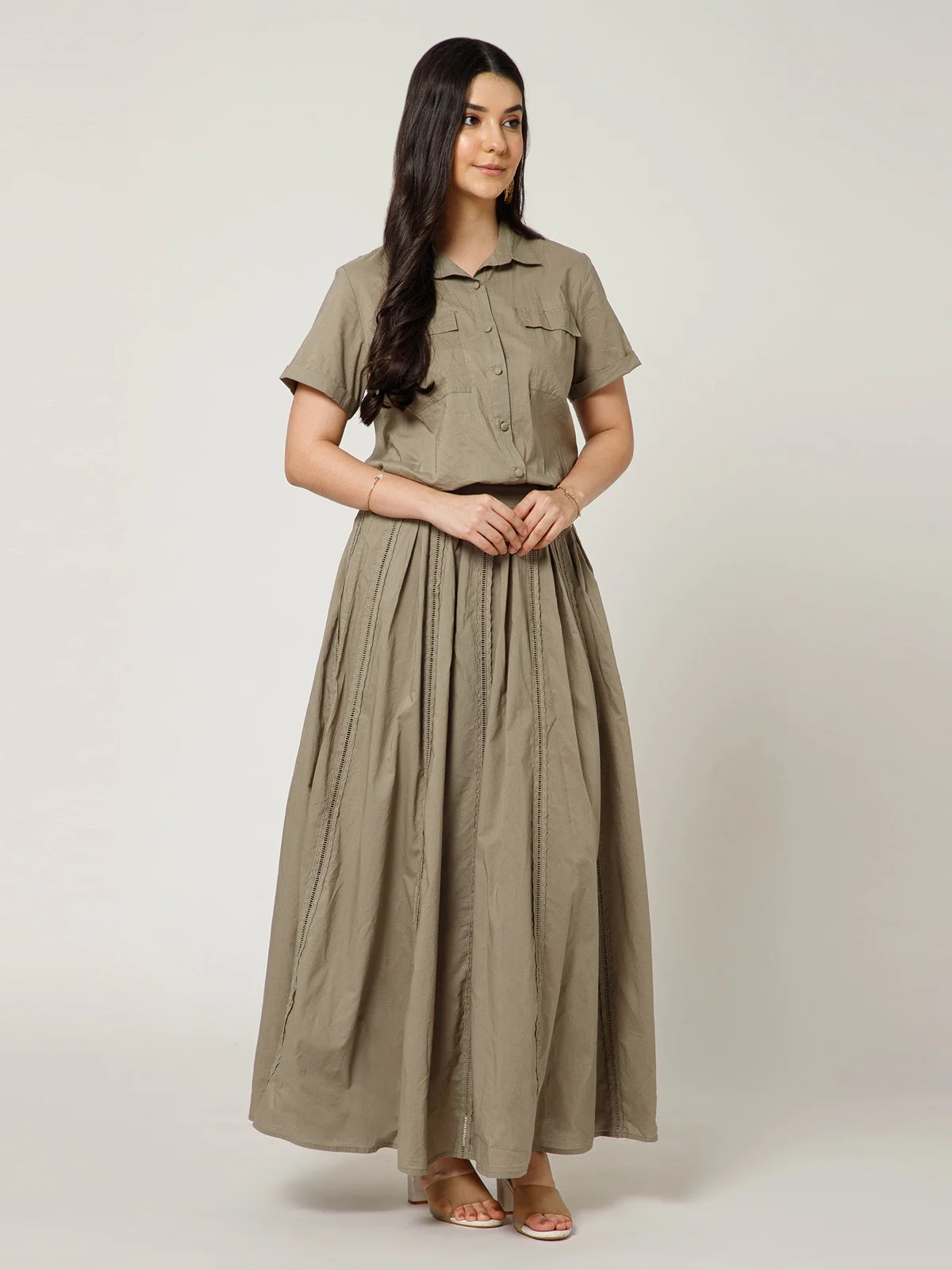 Olive Green Co Ord Set With Collared Short Sleeve Top And Voluminous Stitched Maxi Skirt view 4