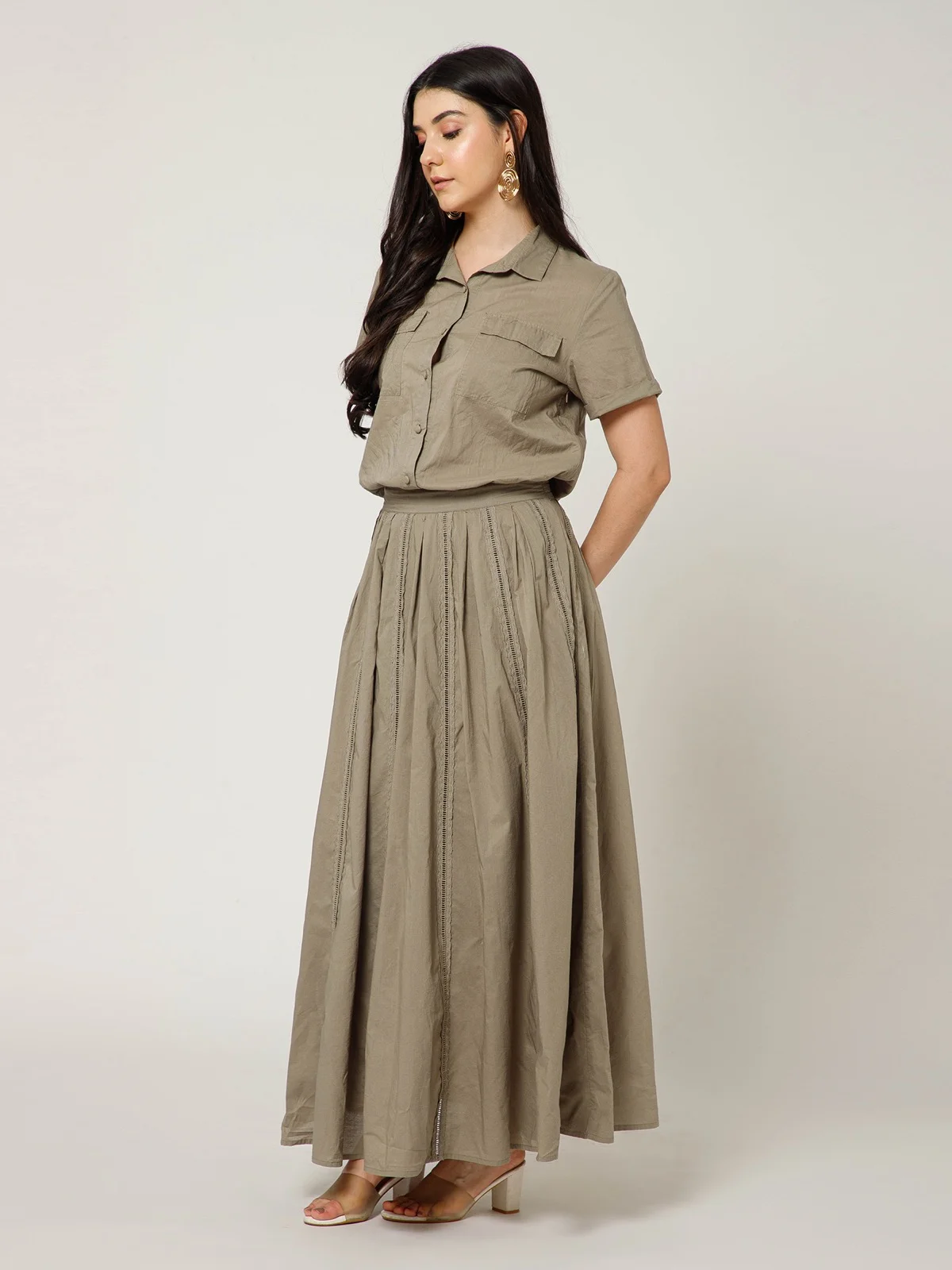 Olive Green Co Ord Set With Collared Short Sleeve Top And Voluminous Stitched Maxi Skirt