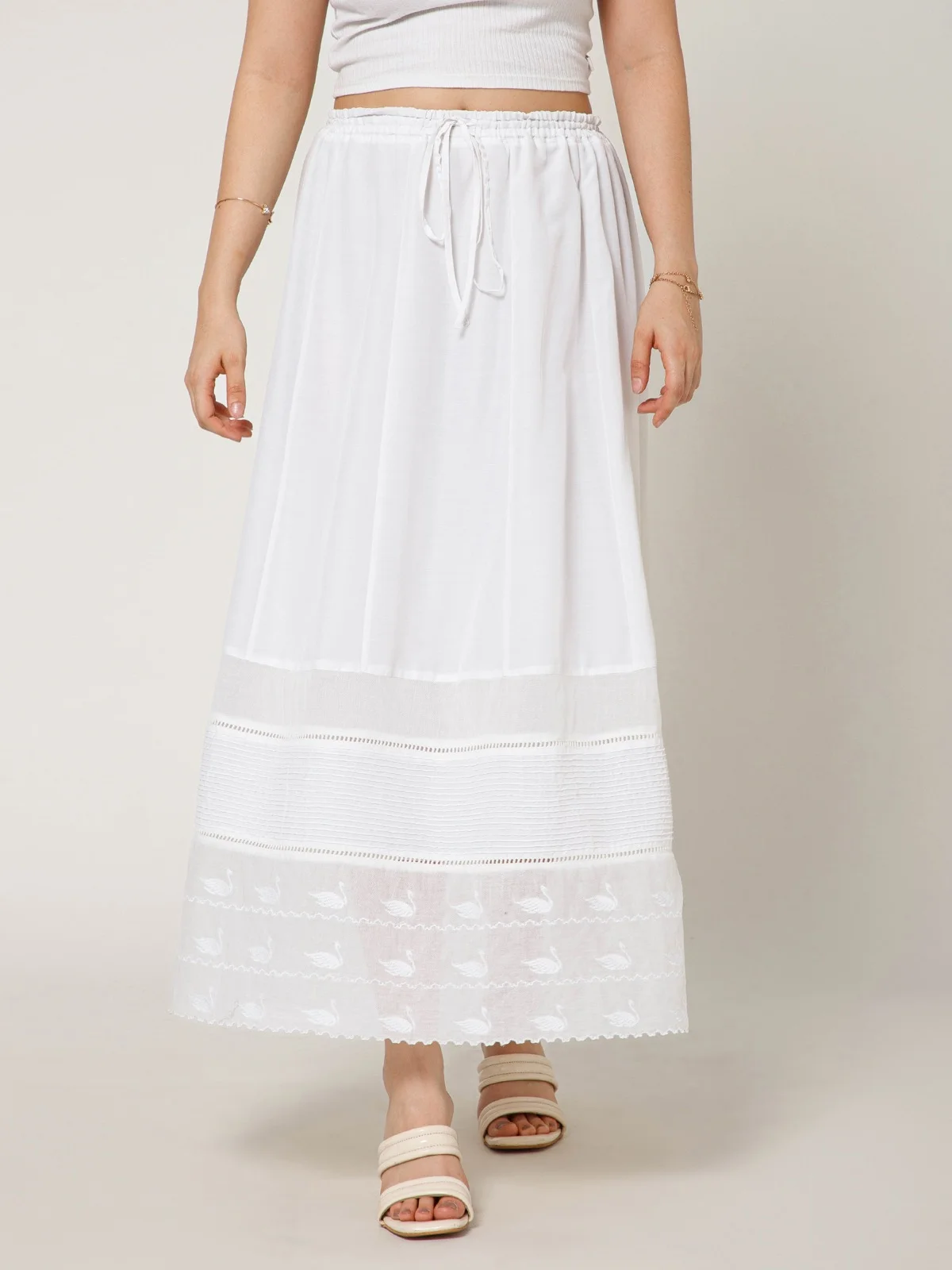 White Cotton Maxi Skirt Embroidered Hem view 2