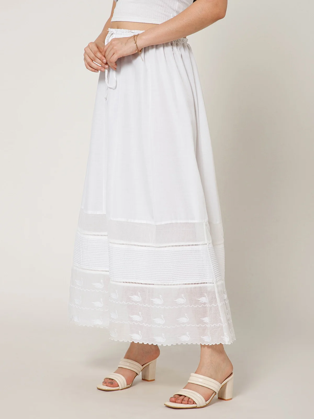White Cotton Maxi Skirt Embroidered Hem view 3