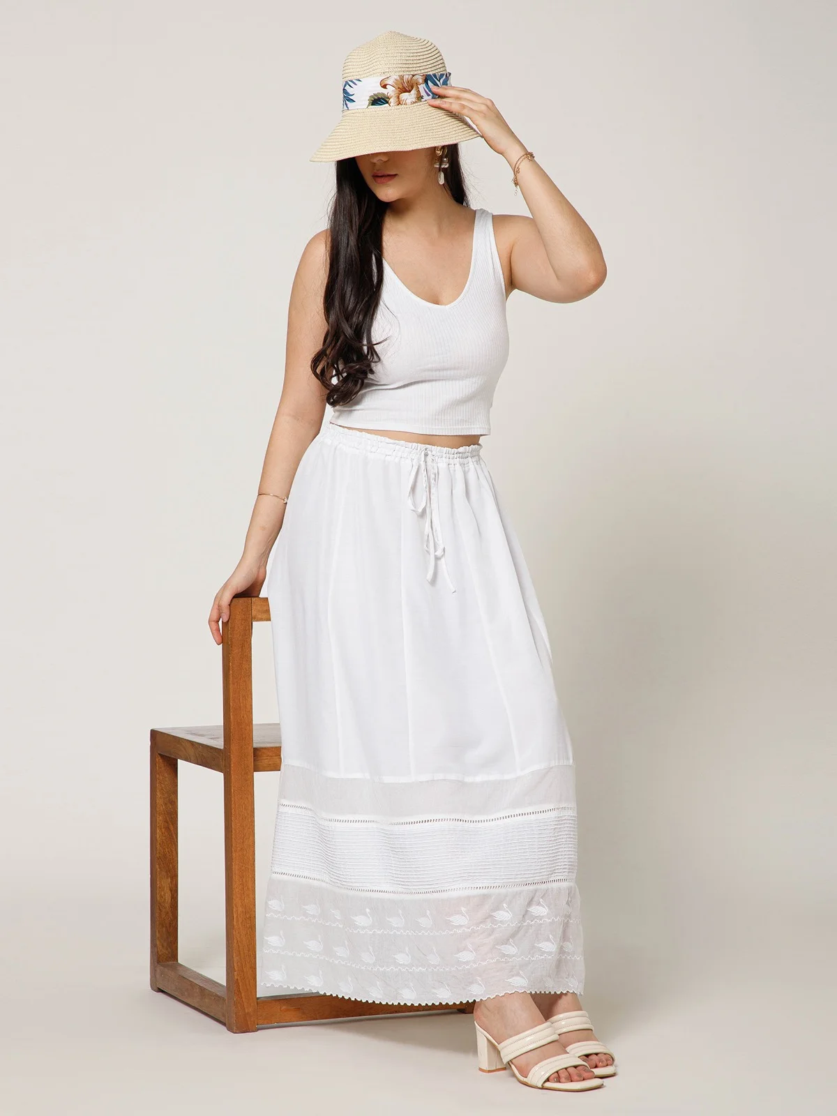 White Cotton Maxi Skirt Embroidered Hem view 4