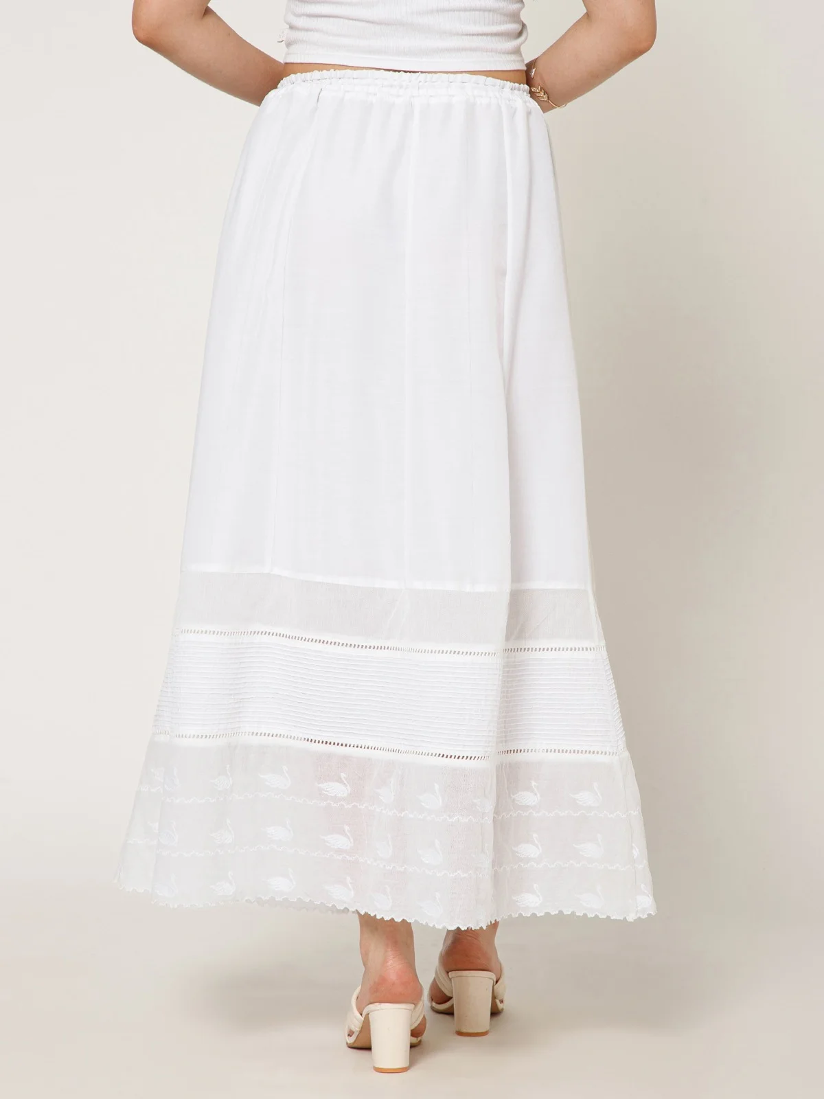 White Cotton Maxi Skirt Embroidered Hem view 5