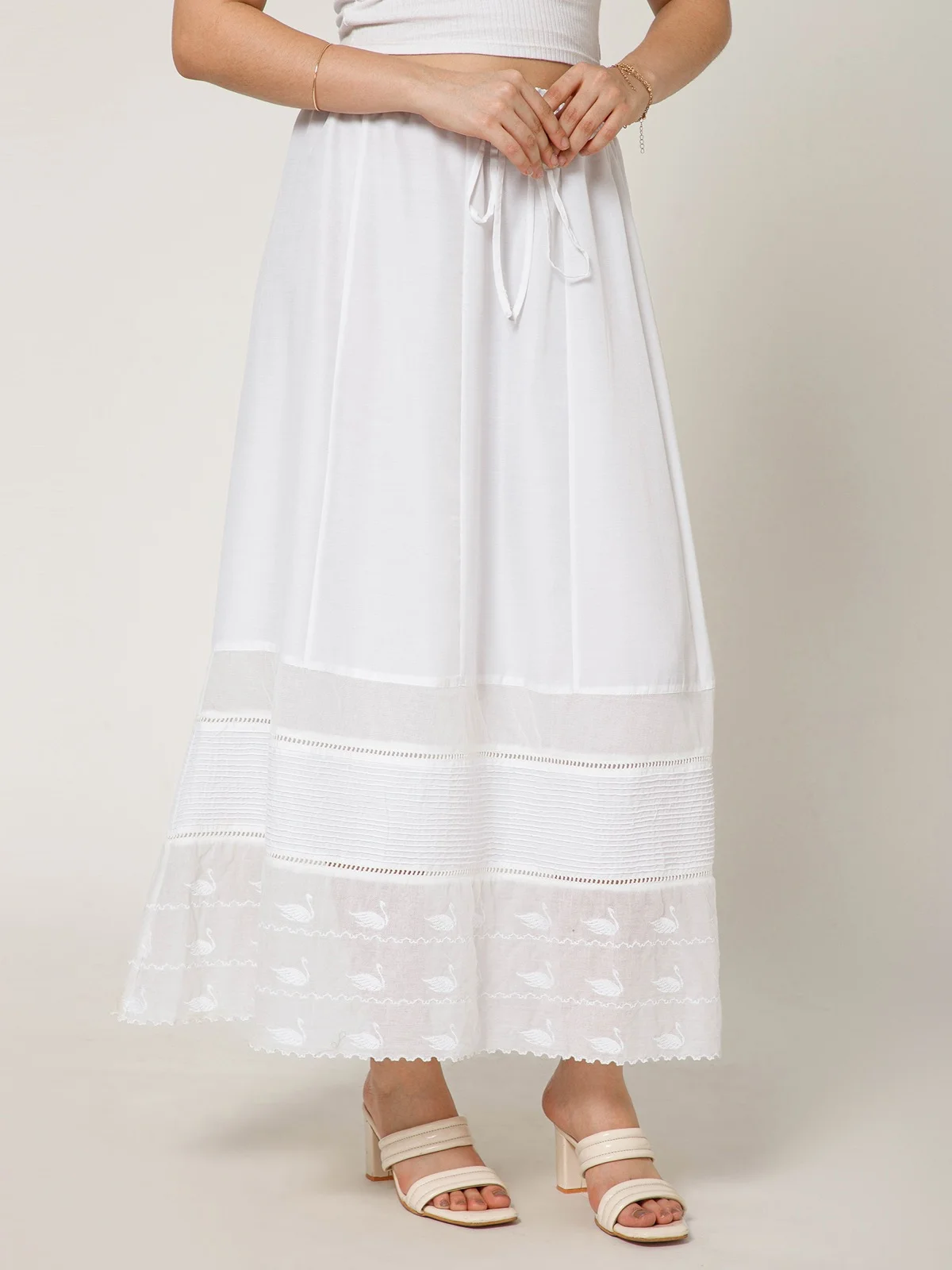 White Cotton Maxi Skirt Embroidered Hem